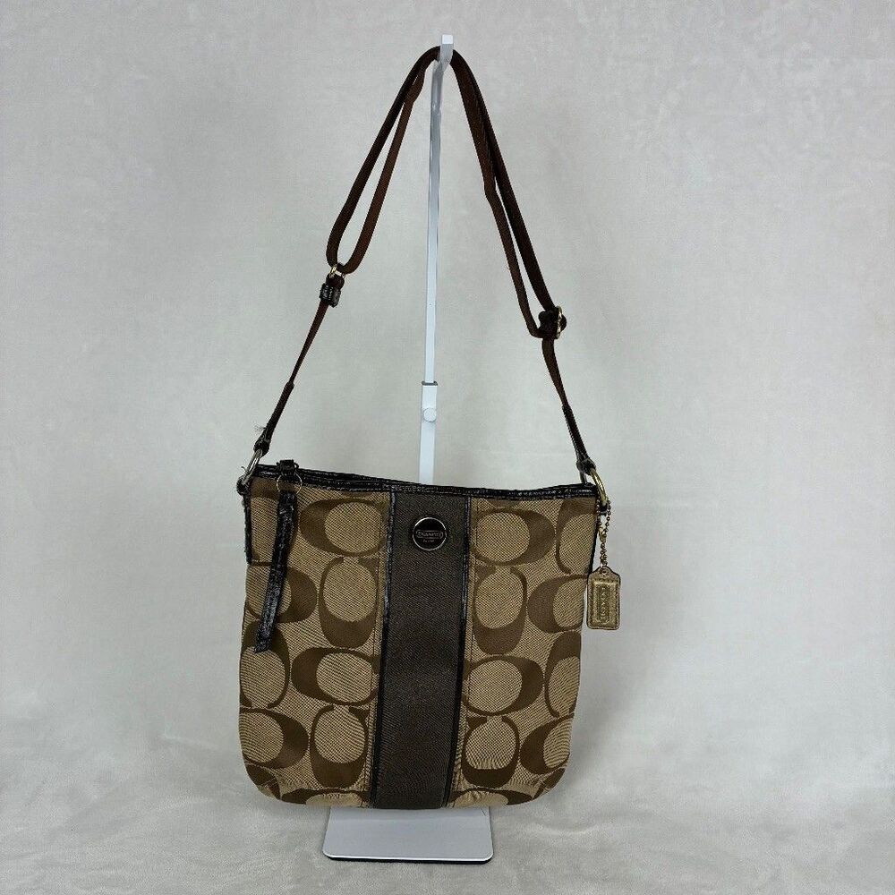 Coach Signature Stripe Duffle Crossbody Bag F21905 Brown Monogram Y2K Preppy